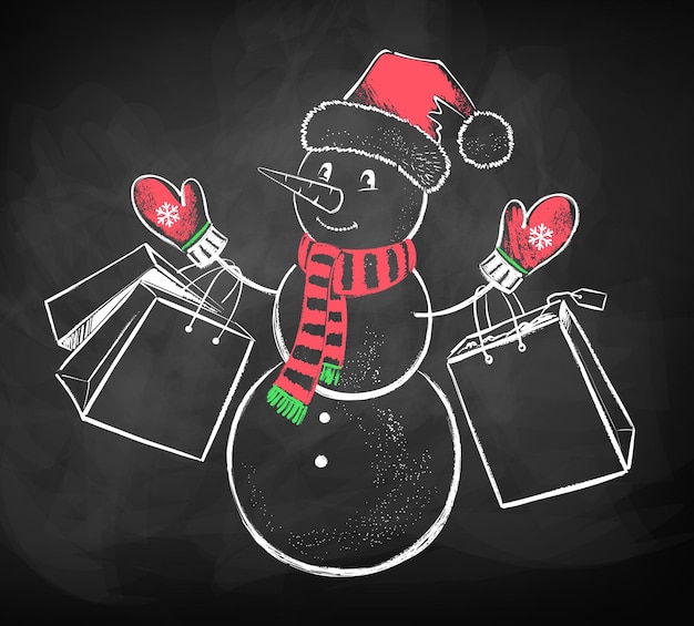 Vector chalk drawn illustration of cute snowman with shopping bags