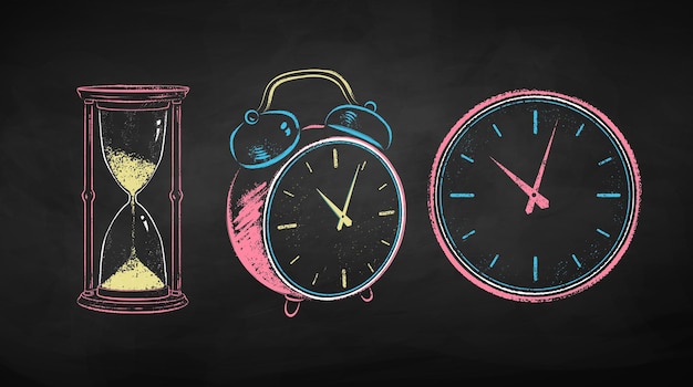 Vector chalk drawn illustration set of clock