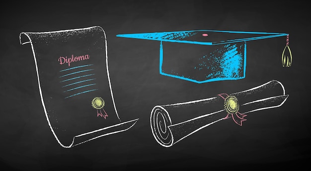 Vector chalk drawn illustrations set of mortarboard and diploma scrolls on chalkboard background