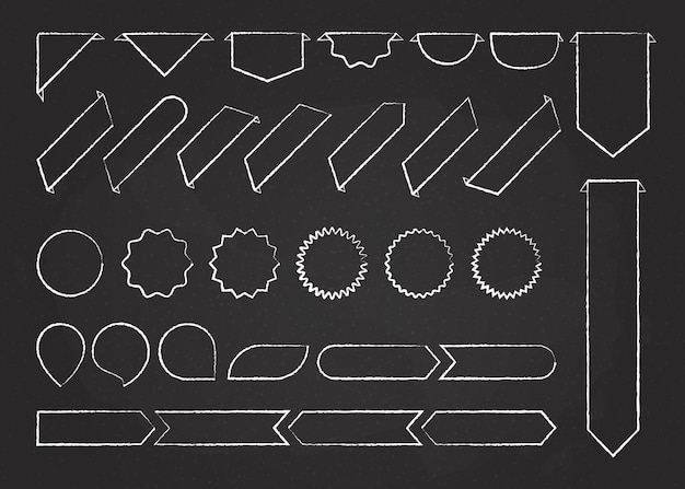 Chalk outline ribbon labels vector collection illustration. Chalk style white curved shape tags