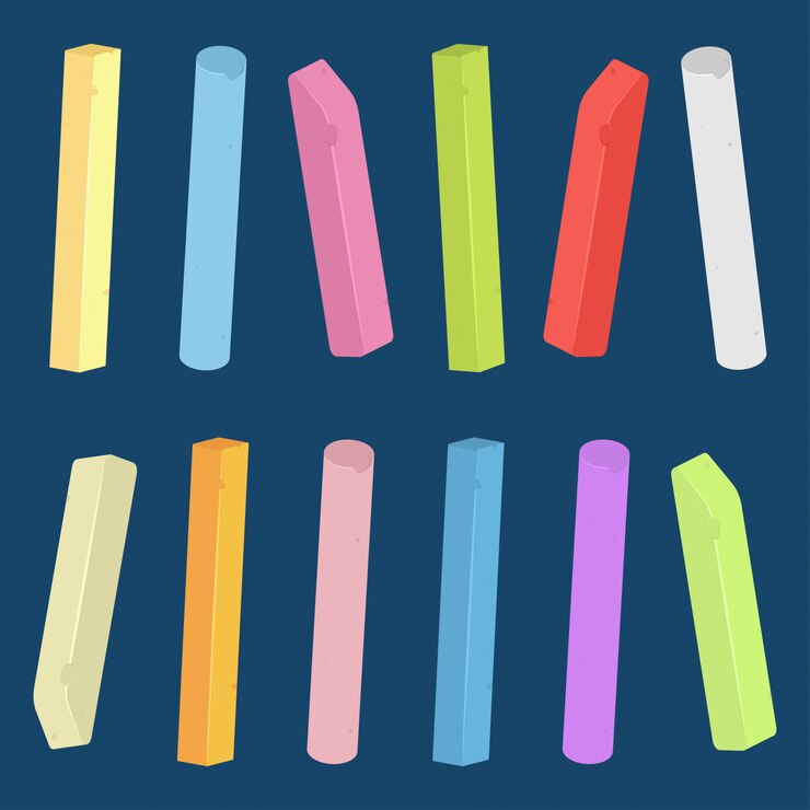 Vector chalk piece and stick of different colors vector set isolated.