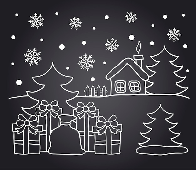 Disegno alla lavagna della casa d'inverno e regali di natale