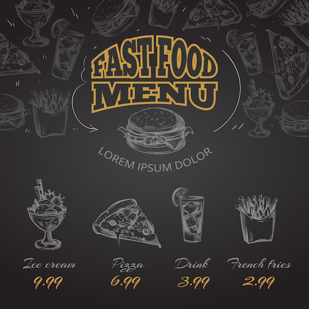 Chalkboard fast food menu in hand drawn style illustration