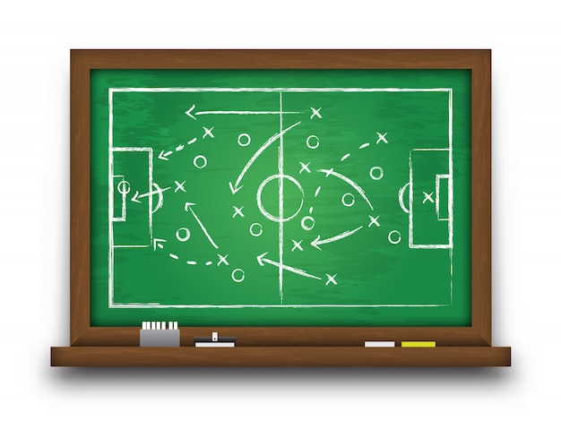 Chalkboard with football game strategy.