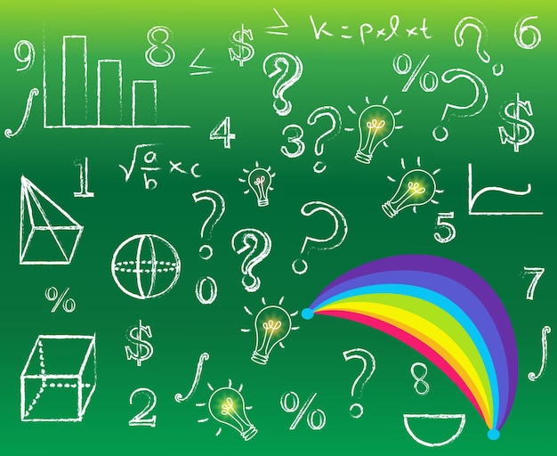 Vettore lavagna con simbolo matematico lampada arcobaleno e backround numerico