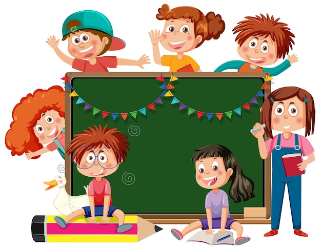 Chalkboard with school kids template