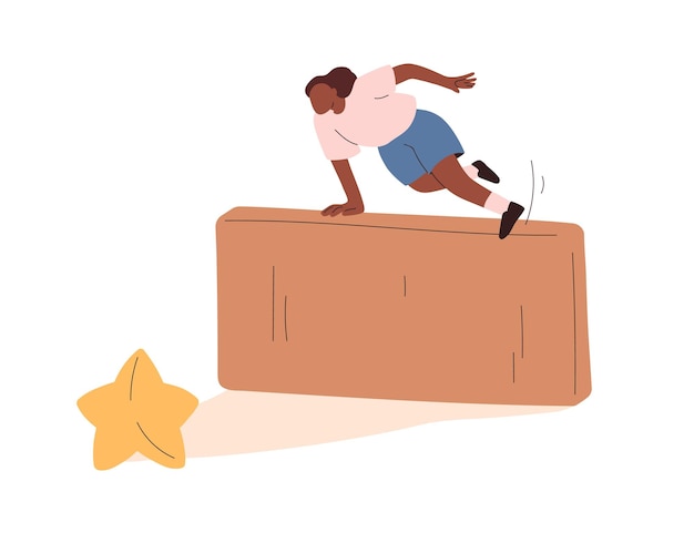 Challenge, ambition, aspiration concept. Overcoming obstacle, hurdle, barrier on way to success, achieving goal, aspiring to aim, objective. Flat vector illustration isolated on white background.