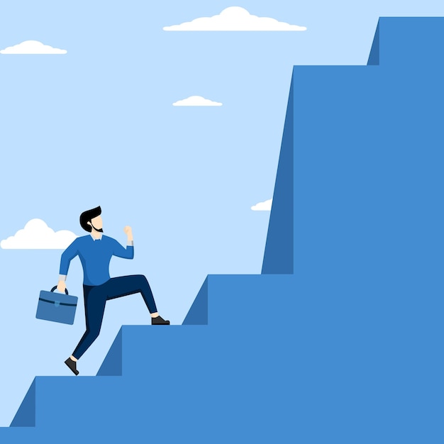 challenge concept to overcome difficulties businessman climbing ladder to find difficult big step