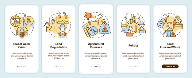 Challenges to achieving food security onboarding mobile app screen walkthrough 5 steps graphic instructions pages with linear concepts ui ux gui template myriad probold regular fonts used