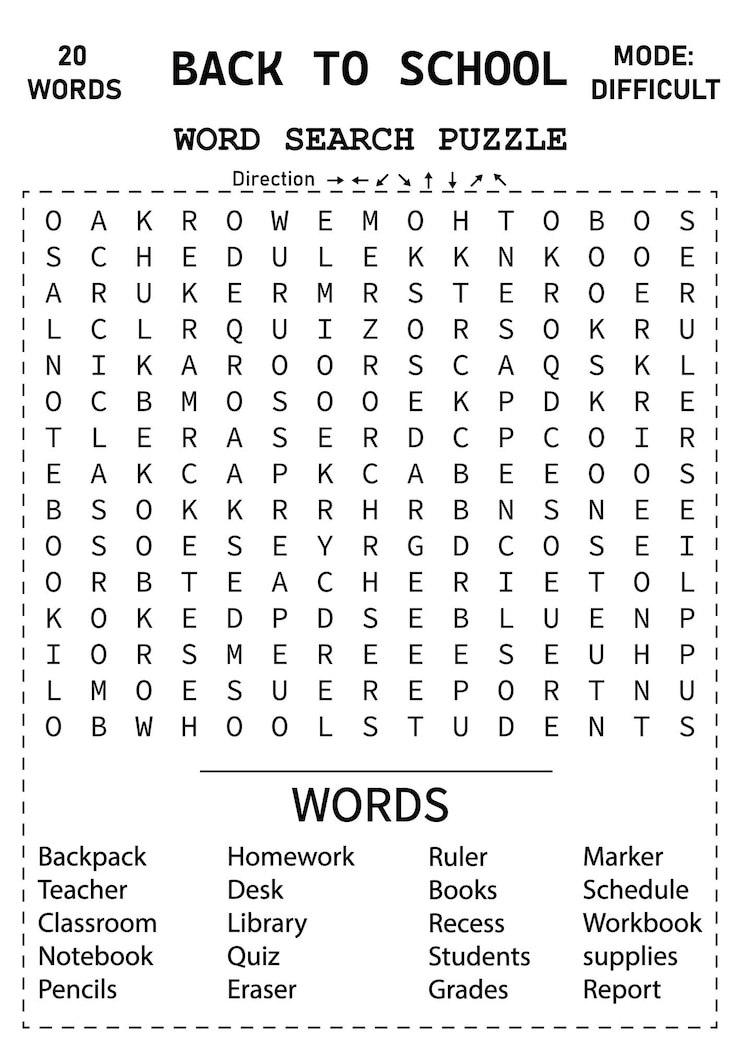 Vector challenging back to school word search 15x15 puzzle challenging back to school word search puzzle
