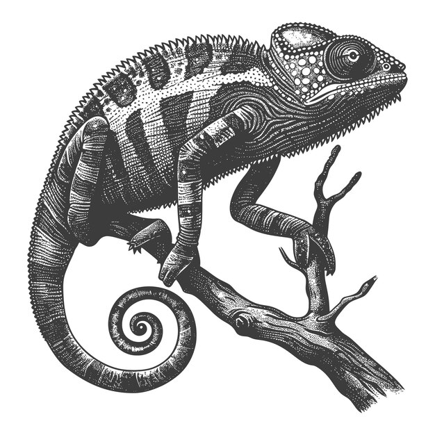 Vector chameleon animal with old engraving style black color only