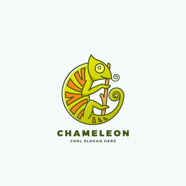 Chameleon on the branch in a circle shape.line style sign, emblem or logo template. reptile symbol.