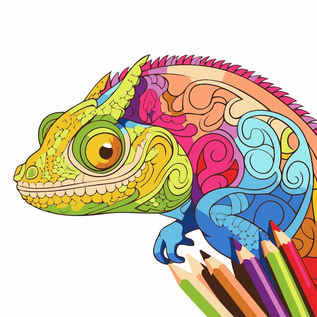 Chameleon and color pencils isolated on white background Vector illustration