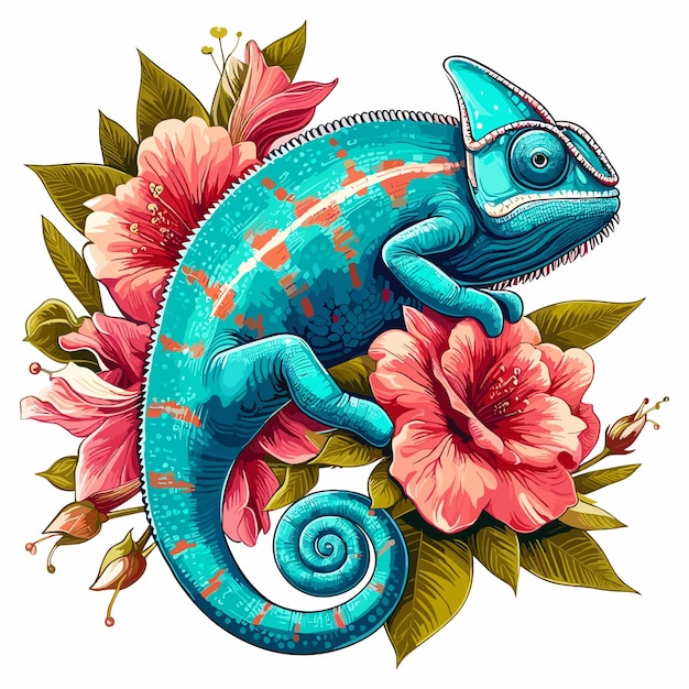 Chameleon in flat cartoon vector illustration style