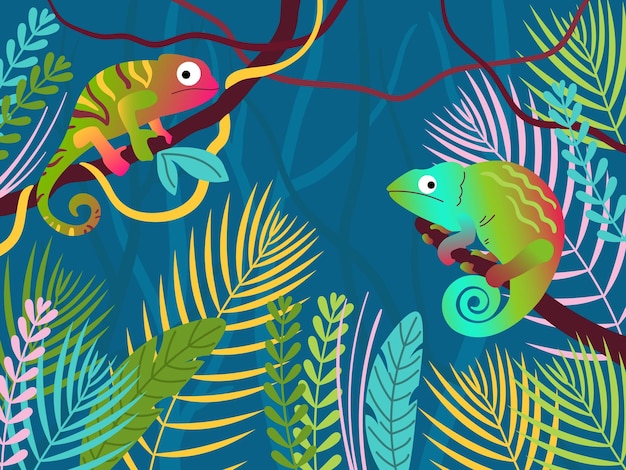 Chameleon forest fantasy tropical jungle forest with color lizards reptile animals on branch vector illustration