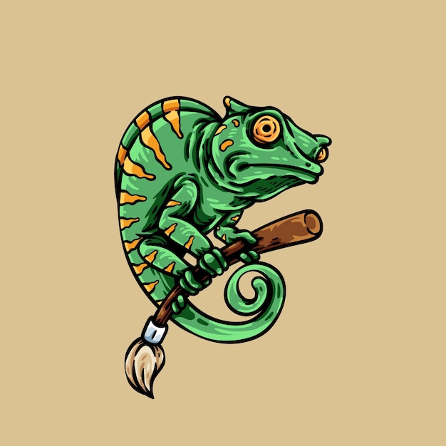 Chameleon Holding Brush Character Illustration