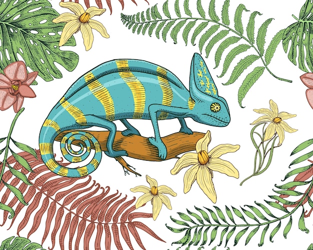 Chameleon lizard tropical flowers seamless pattern american\
green reptile or snake herbivorous