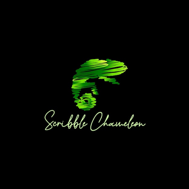 Illustrazione del logo camaleonte con arte scribble e concetto di design di colore verde sfumato