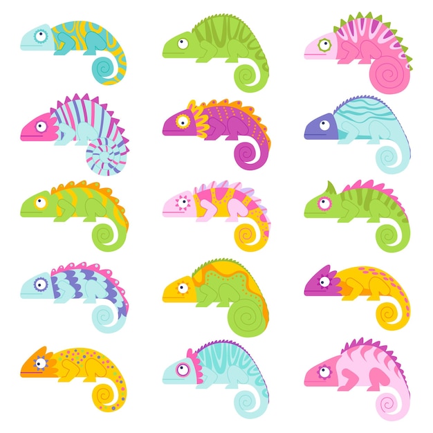 Chameleons flat icons set Different color of lizards Jungle and desert animal Veiled chameleon cute reptiles Color isolated illustrations