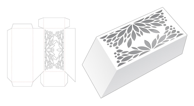 Chamfered long box with stenciled die cut template and 3D mockup