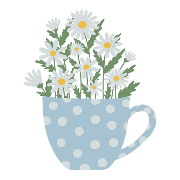 Chamomile bouquet in a blue polka dot cup