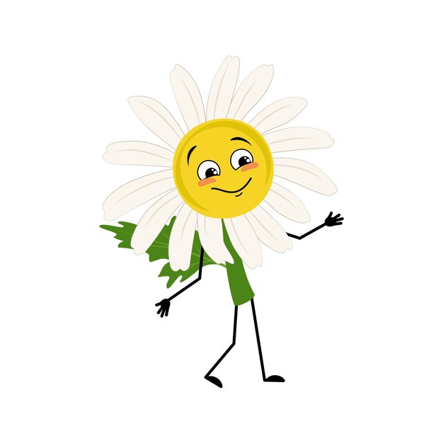 Chamomile character with happy emotion joyful face smile eyes
arms and legs person with funny expression daisy flower hero vector
flat illustration