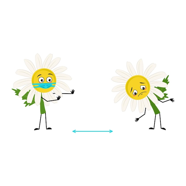 Chamomile character with sad emotions face and mask keep distance arms and legs person with care expression daisy flower vector flat illustration