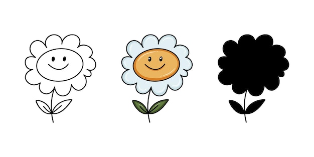 Chamomile flower bud on stem plant nature doodle cartoon coloring linear