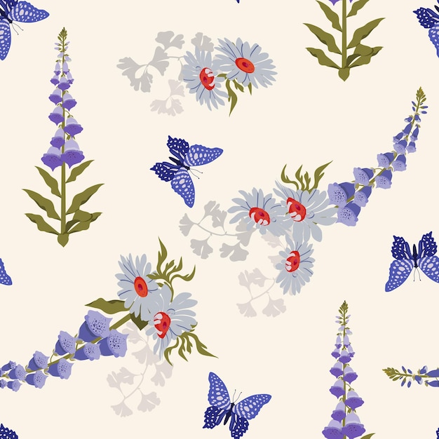 Chamomile foxglove butterflies on a white background seamless vector illustration