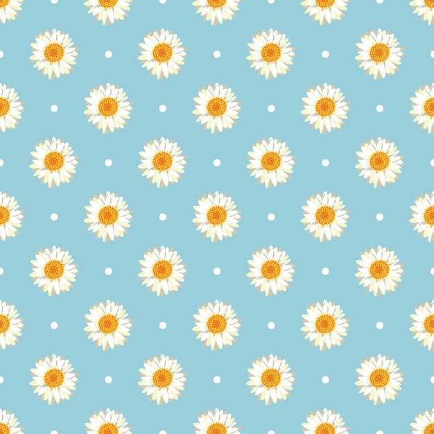 Chamomile seamless pattern. Daisies on retro blue polka