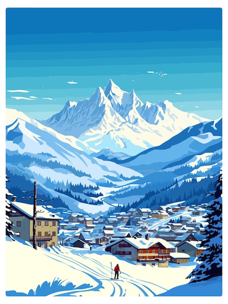 Vector chamonix ski skiing vintage travel poster souvenir postcard portrait painting wpa illustration