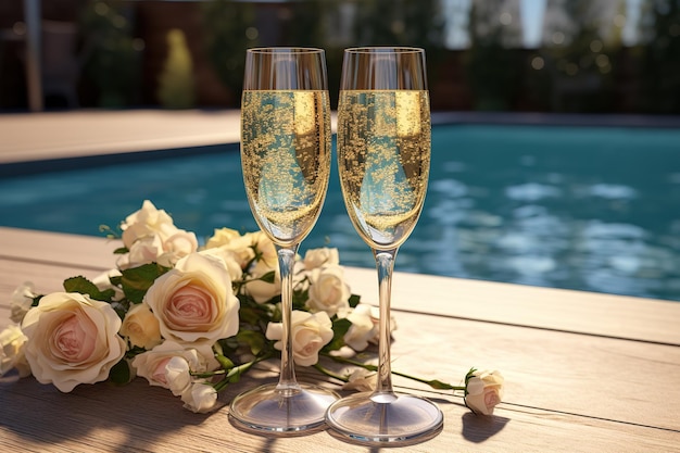 Vettore champagne sullo sfondo della piscina.
