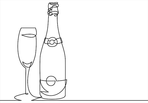 Bottiglia di champagne e illustrazione vettoriale di vetro disegno a linea continua