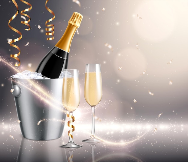 Bottiglia di champagne nel secchiello del ghiaccio con bicchiere di champagne e stelle filanti golde