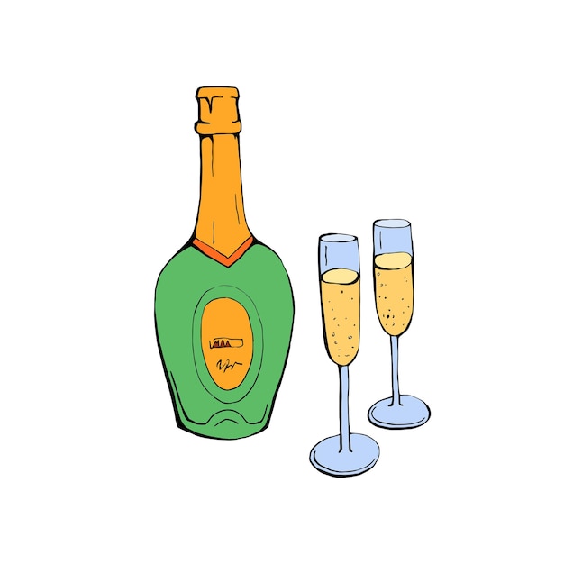 champagne bottle and two glasses isolated on white background