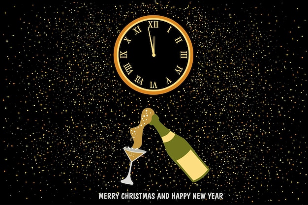 Champagne bottle and watch happy new year greeting card