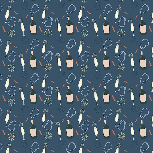 Champagne bottles and glasses vector seamless pattern on blue background. Party invitation, holiday card. Modern grunge background textile, prints, paper products, the Web. Girls pattern