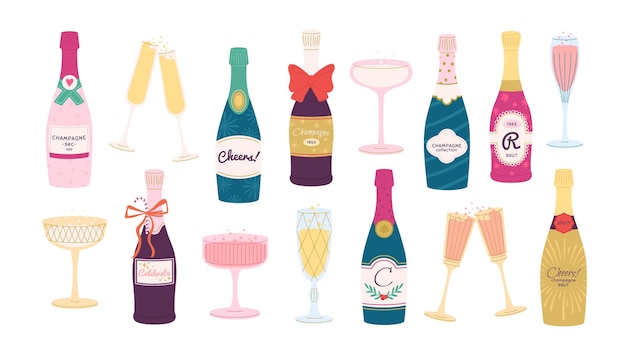 Champagne bottles prosecco sparkling bottle and glasses Vintage flat celebration party new year holiday or wedding Alcohol cheers racy vector elements