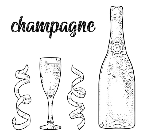 Каллиграфический почерк шампанского, стеклянная бутылка, серпантин