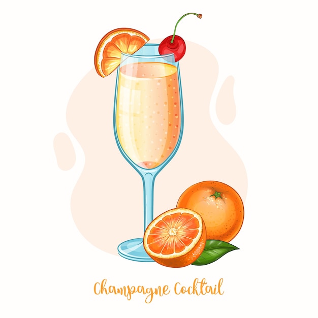 Вектор Бокал для шампанского с апельсином и вишней