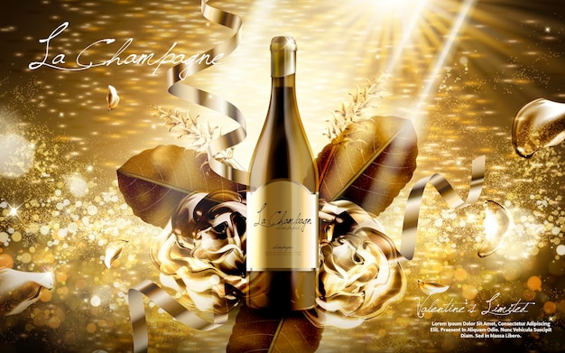 Vector champagne contained in wine bottle with golden leaf and flower valentine's day limited special golden blurred background 3d illustration