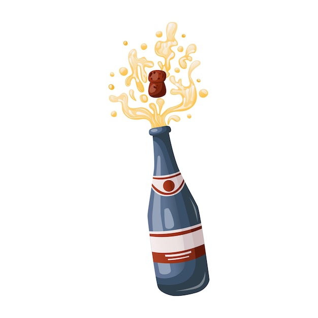 Vector champagne explosion. cork pops out. blue glass bottle popping its cork splashing. alcohol birthday