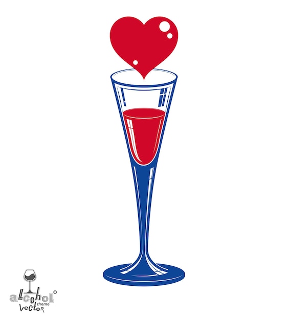 Vector champagne feestbeker met rood liefdevol hart. grafisch ontwerpelement voor alcoholische dranken - idee voor de viering van de verjaardag van het huwelijk, eps8 mousserende wijnillustratie.