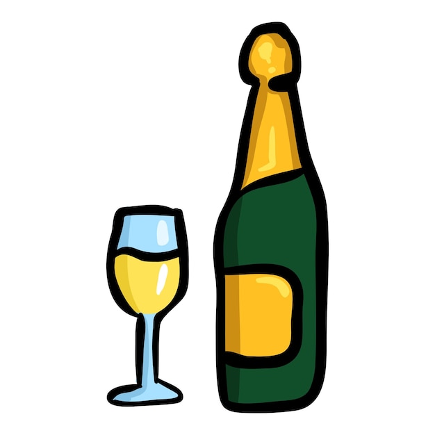 Champagne glas en fles Doodle icoon