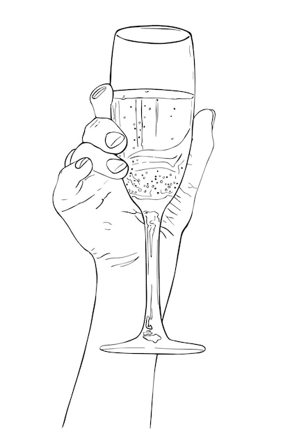 Champagne in a glass in hand doodle linear