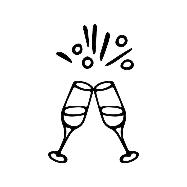 Champagne glasses clink vector doodle illustration