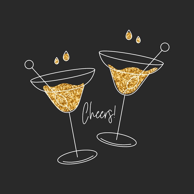 Бокалы для шампанского, бокалы для мартини с золотым блеском, праздничная открытка, плоская иллюстрация, вектор печати