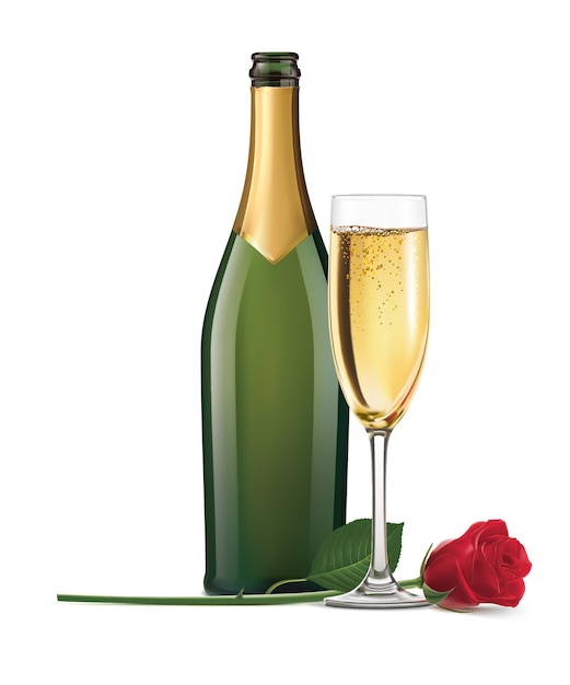 Vector champagne and rose isolated.