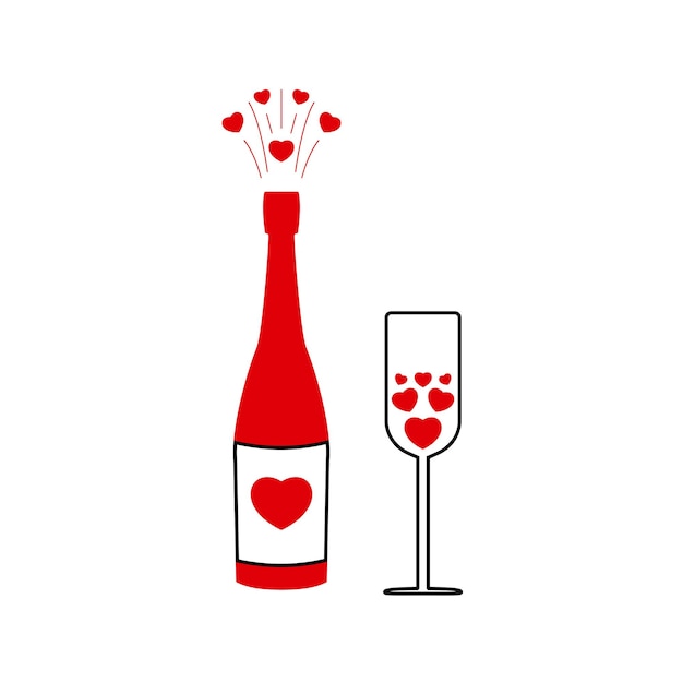 Champagne con spruzzi a forma di cuore e bicchiere di vino con cuori design creativo per il giorno di san valentino