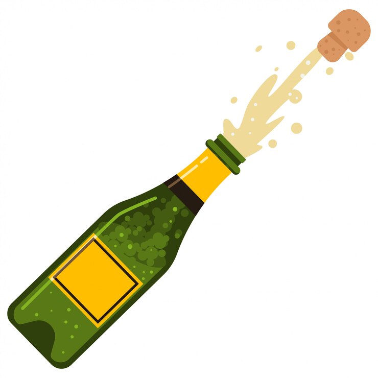 Champagnefles kurk explosie. cartoon platte icoon van mousserende wijn geïsoleerd op een witte achtergrond.